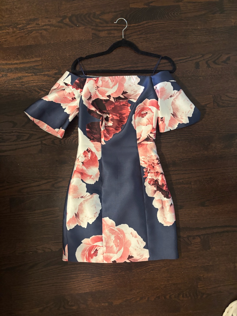 KEEPSAKE the Label Navy One-Shoulder Floral Sheath with Pink Roses